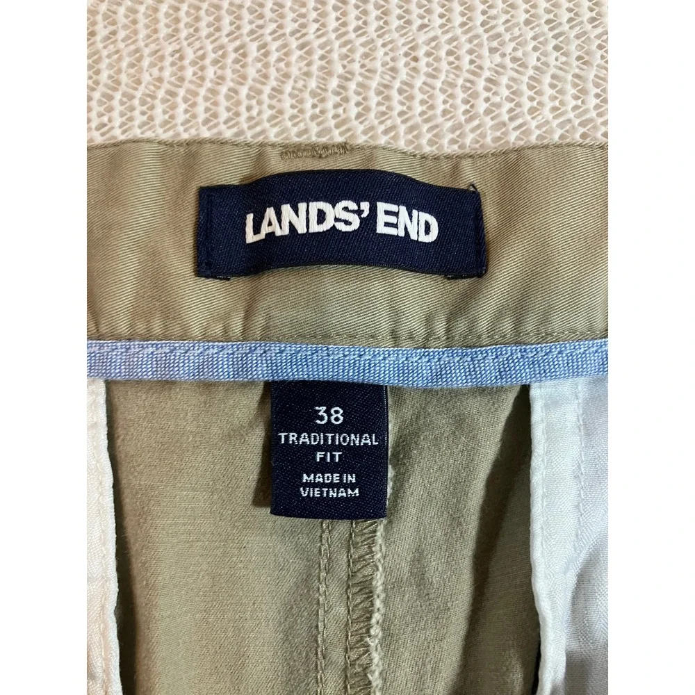 Lands' End Mens Chino Shorts Khaki Tan Flat Front Cotton Stretch Size 38